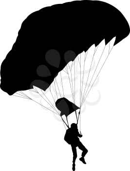 Skydiver, silhouettes parachuting on white background.