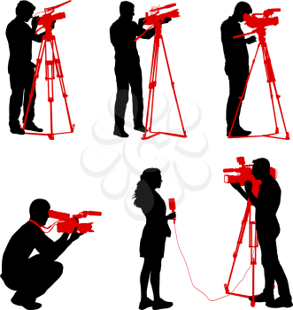Set cameraman with video camera. Silhouettes on white background.