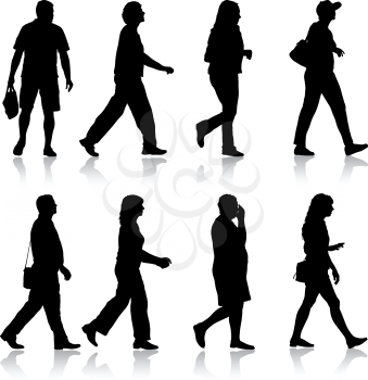 Set Black silhouette man and woman standing, people on white background.