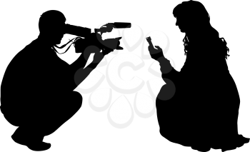 Silhouette operator removes journalist with microphone on a white background.