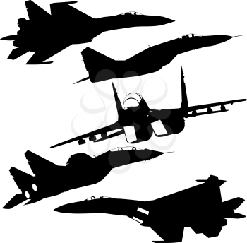 Set silhouette military combat airplane on a white background.