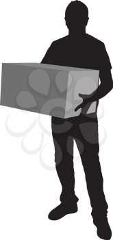 Silhouette of deliveryman carrying a box on white background.