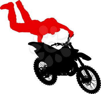 Silhouette of motorcycle rider performing trick on white background.