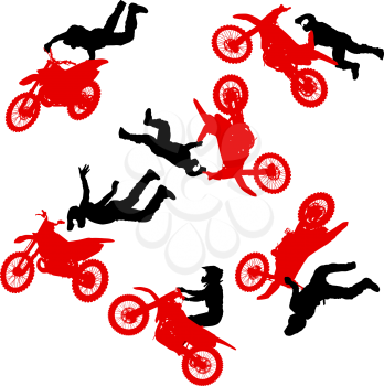Set silhouette of motorcycle rider performing trick on white background.