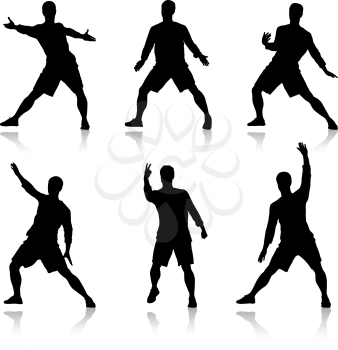 Black set silhouettes man with arm raised on a white background.