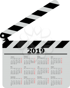 Calendar for 2019, movie clapper board on a white background.