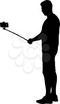 Silhouettes man taking selfie with smartphone on white background.