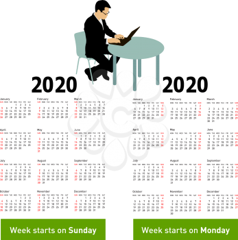 Stylish calendar with silhouette man sitting behind computer for 2020.