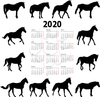 Calendar for 2020 of horse silhouettes isolated on white background.