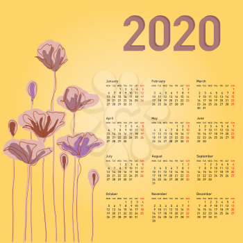 Stylish calendar with flowers for 2020. Week starts on Monday.