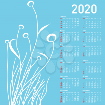 Stylish calendar with flowers for 2020. Week starts on Sunday.