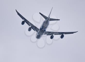 Commercial passenger airplane landing in Moscow, Russia.