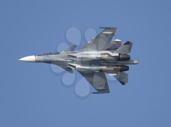 Moscow Russia Zhukovsky Airfield 31 August 2019: aerobatic Su-30 perfoming demonstration flight of the international aerospace salon MAKS-2019.