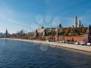 Sunny summer day moscow river bay kremlin.