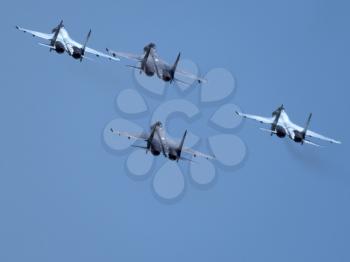 Moscow Russia Zhukovsky Airfield 31 August 2019: Aerobatic teams Falcons Of Russia on planes Su-30 of the international aerospace salon MAKS-2019.