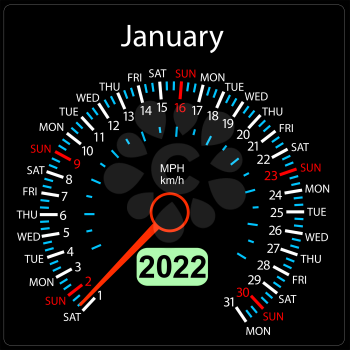 The 2022 year calendar speedometer a car January.