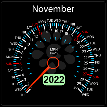 The 2022 year calendar speedometer a car November.