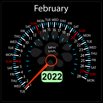The 2022 year calendar speedometer a car February.