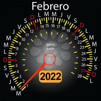 2022year calendar speedometer car in Spanish February.