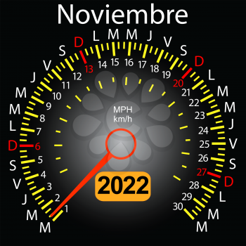 2022 year calendar speedometer car in Spanish November.