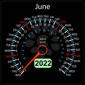 The 2022 year calendar speedometer a car June.