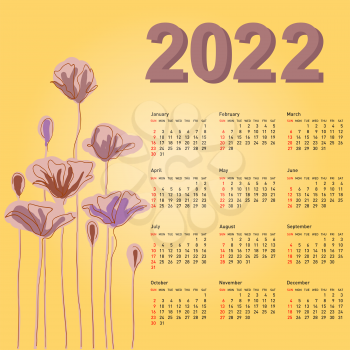 Stylish calendar with flowers for 2022. Week starts on Sunday.