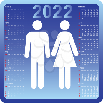 Woman and man in calendar 2022. Week starts on Sunday.