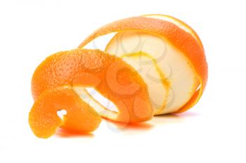 orange with peeled spiral skin isolated on white background