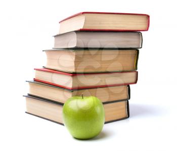 book stack with apple isolated on white background