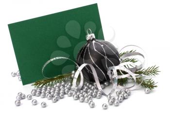 Christmas decoration with greeting card isolated on white background