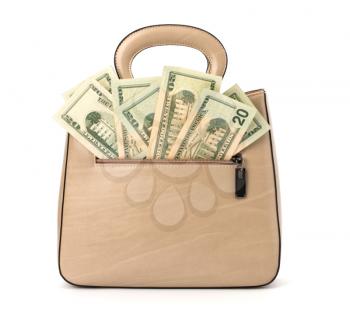 Glamour handbag full with money isolated on white background