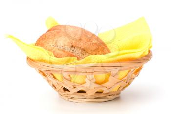 fresh warm rolls in breadbasket isolated on white background