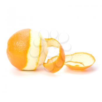 orange with peeled spiral skin isolated on white background