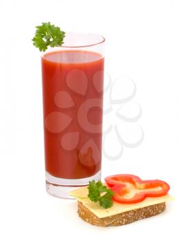 tomato juice glass and sandwich isolated on white background. healthy lunch concept.