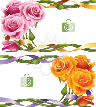 Vector horizontal frame set of yellow and pink roses intertwined with a ribbon