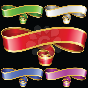 Vector ribbon frames set. White, blue, red, golden, green and purple banners isolated on black background