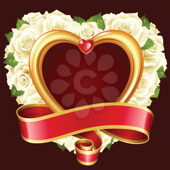 Vector rose frame in the shape of heart. White flowers, ribbon, golden border and red diamond
