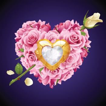 Vector pink Roses, golden jewel and white crystal in the shape of heart with flower arrow
