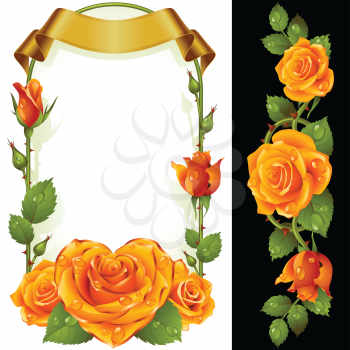 Vector Set of Floral Decoration. Yellow Roses, Green Leaves and Curly Ribbon. One of Flowers in Heart Shape with Golden Border. Valentines Day Card or Wedding Invitation Isolated on Background