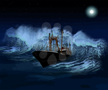 Sinking ship being hit by massive wave at night Vector