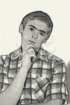 Sketch Teen boy body language expressions - Holding Chin Thinking