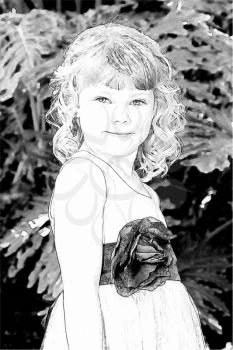 Drawing of Adorable Little Blond Girl Posing in Dress with Ribbon  
