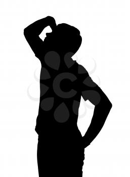 Side profile portrait silhouette of a teenage boy looking upward with hand shielding eyes 