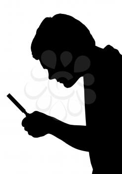 Silhouette of a teenage boy investigating with a magnifying glass 