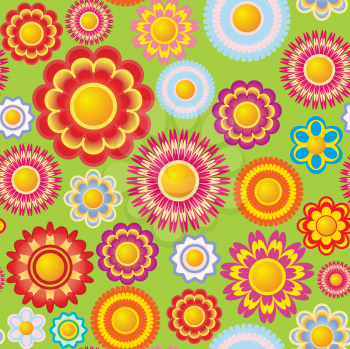 Royalty Free Clipart Image of Brightly Coloured Flowers on a Green Background