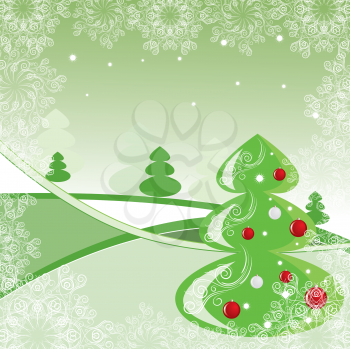 Royalty Free Clipart Image of a Green Christmas Landscape