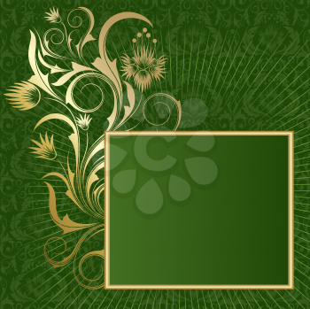 Royalty Free Clipart Image of a Green Background With a Frame and Floral Flourish