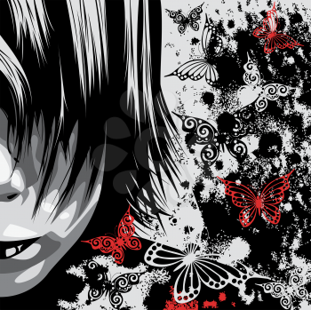 Royalty Free Clipart Image of an Abstract Pictures of Part of a Boy's Face With Red and Black and White Butterflies
