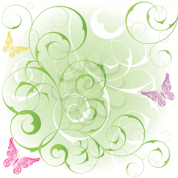 Royalty Free Clipart Image of a Flourish and Butterfly Background