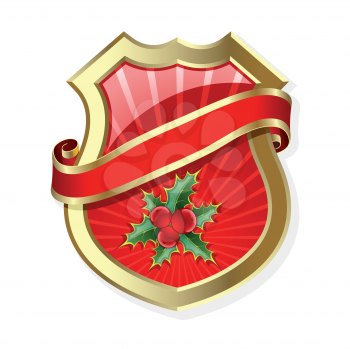 Royalty Free Clipart Image of a Gold Frame Red Crest With Holly